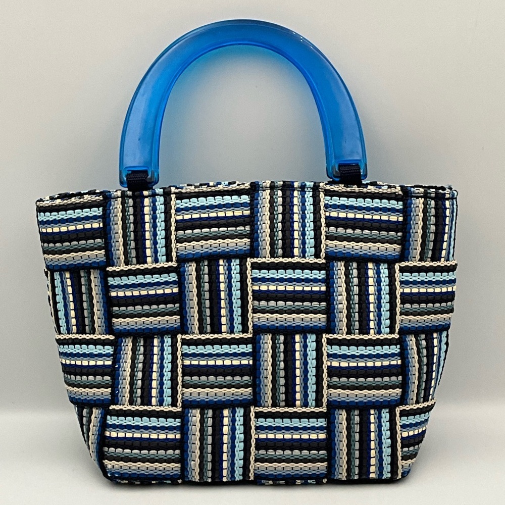 Vintage M & G Bertini Handbag Made in Italy Blue and Black Woven Basket Weave